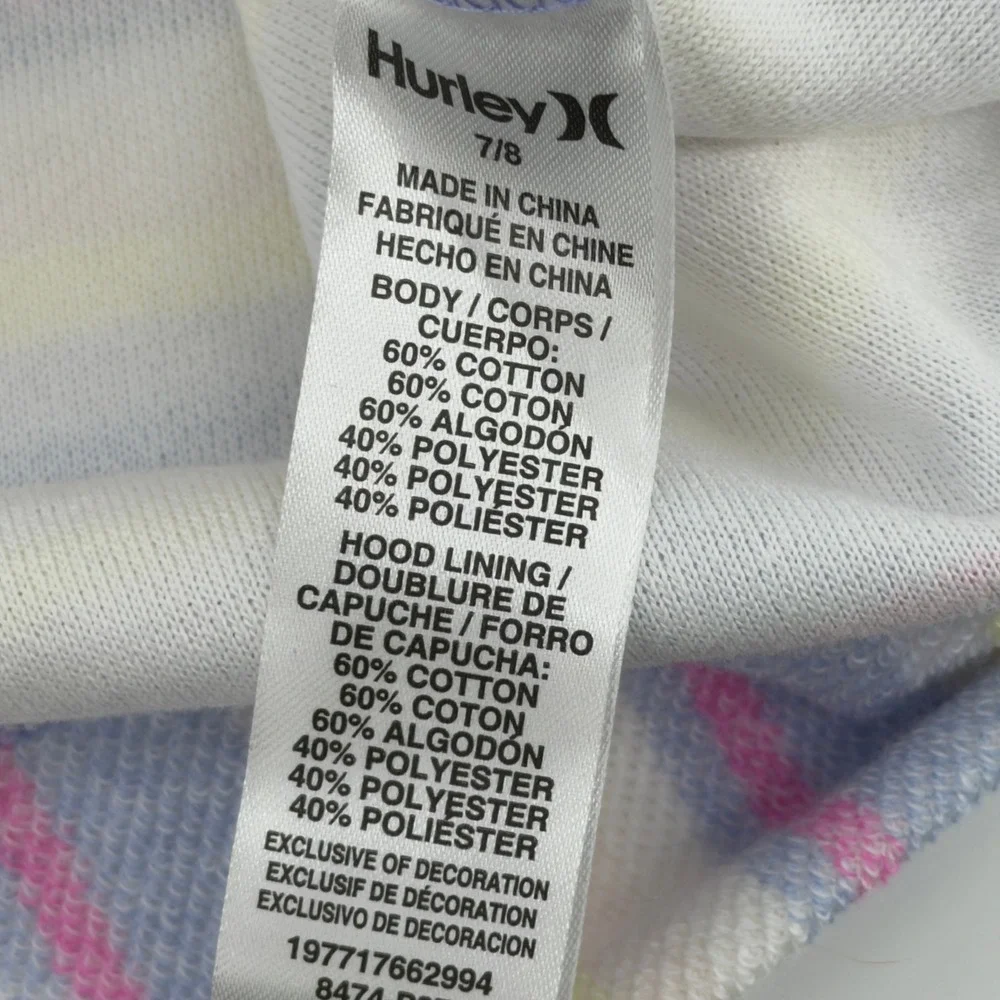 NEW Hurley Girls Beach Hoodie Striped Pullover Sweatshirt Blue Pink Yellow 7/8‎